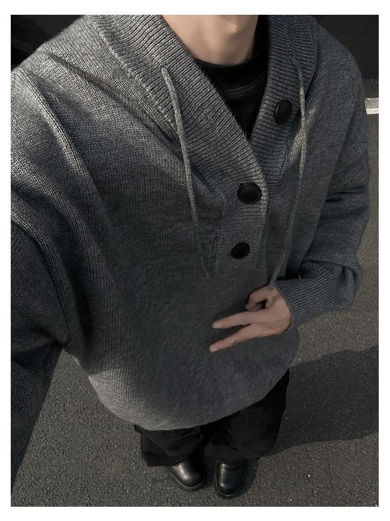 Men's Gray Hooded Knit Sweater - Retro Loose Fit Casual Autumn/Winter Outerwear