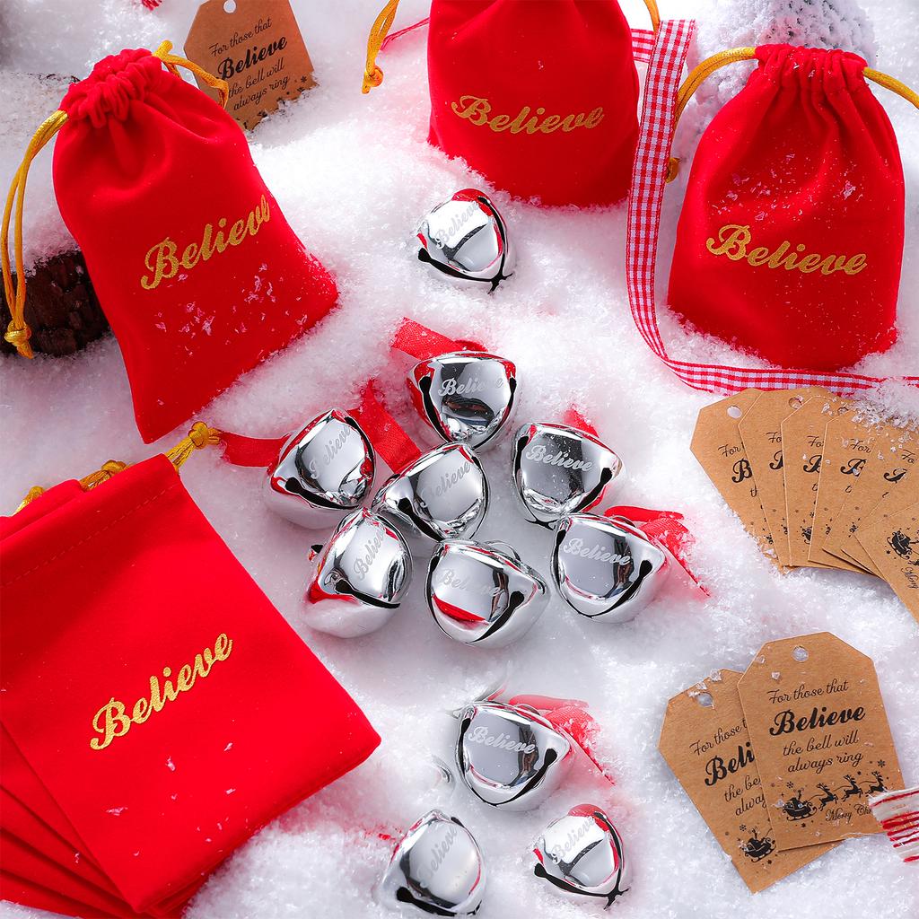 16 наборов Рождественских колокольчиков 'Believe' Колокольчики Xmas в красном бархатном мешочке Бирки 'Believe' Ленты Подвесное украшение для Рождественской елки Звенящие колокольчики