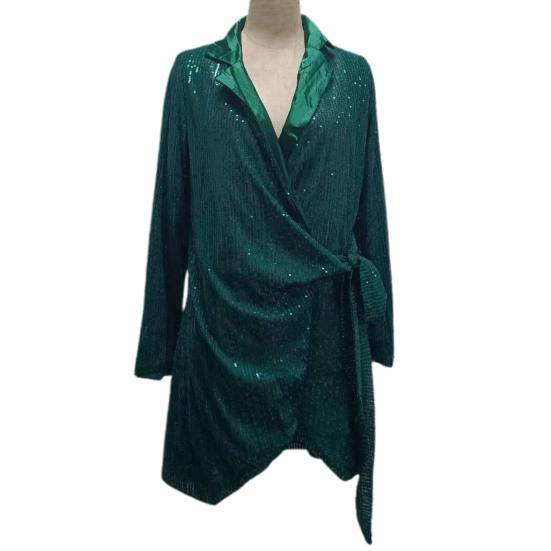 Женское вечернее платье для выпускного вечера с отворотом и V-образным вырезом на шнуровке с узкой талией и блестящими пайетками с длинным рукавом Slim Fit сплошной цвет нерегулярное мини-платье для поездок на работу