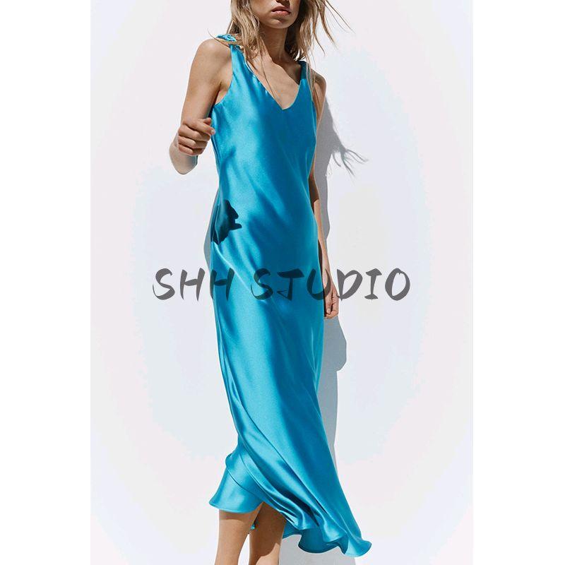 Spring New Women's Clothing British Style V Neck Silk Satin Texture Sleeveless Sling Midi Skirt Dress 2770399