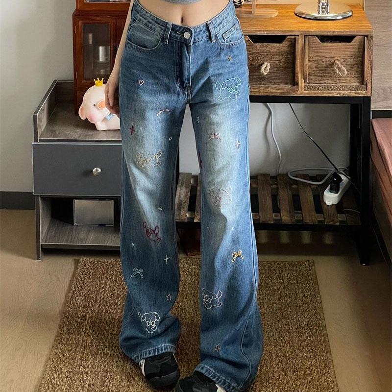 Стильные Милые Щенки Вышивка Свободные Джинсы Весна Осень Высокая Талия Джинсовые Брюки Женская Одежда Винтаж Повседневные Прямые Брюки