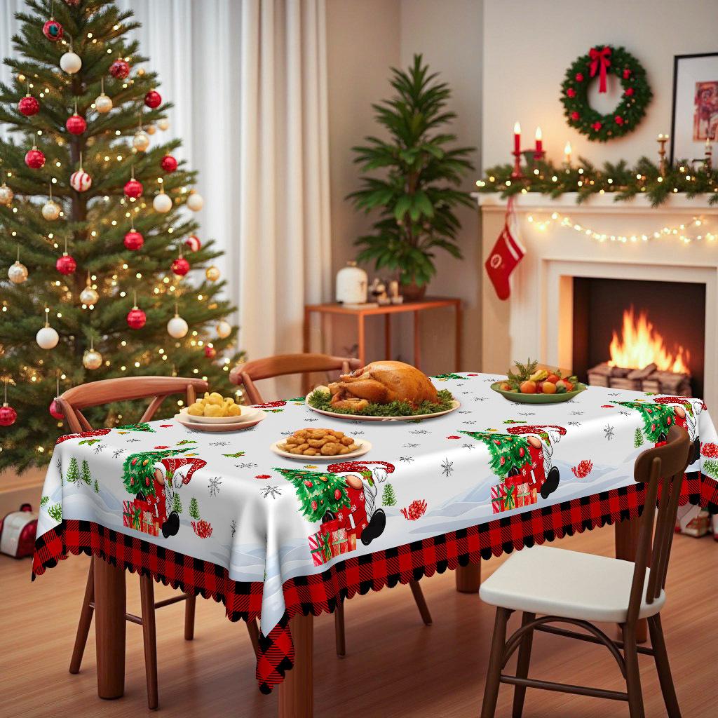 Christmas Themed Tablecloth, Christmas Tree Gift Dwarf Print Waterproof Table Flag, Family Restaurant Atmosphere Decoration