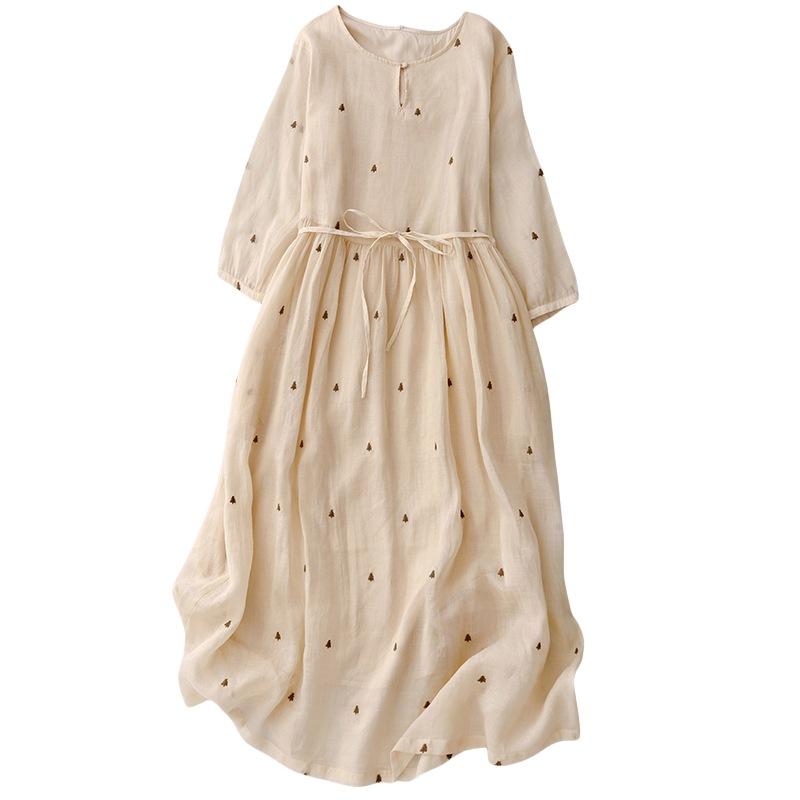 Heavy Industry Embroidery Coffee Break Cotton and Linen Dress Women's Retro Casual Lace-up Waist Round Neck Seven-quarter Sleeve Long Skirt