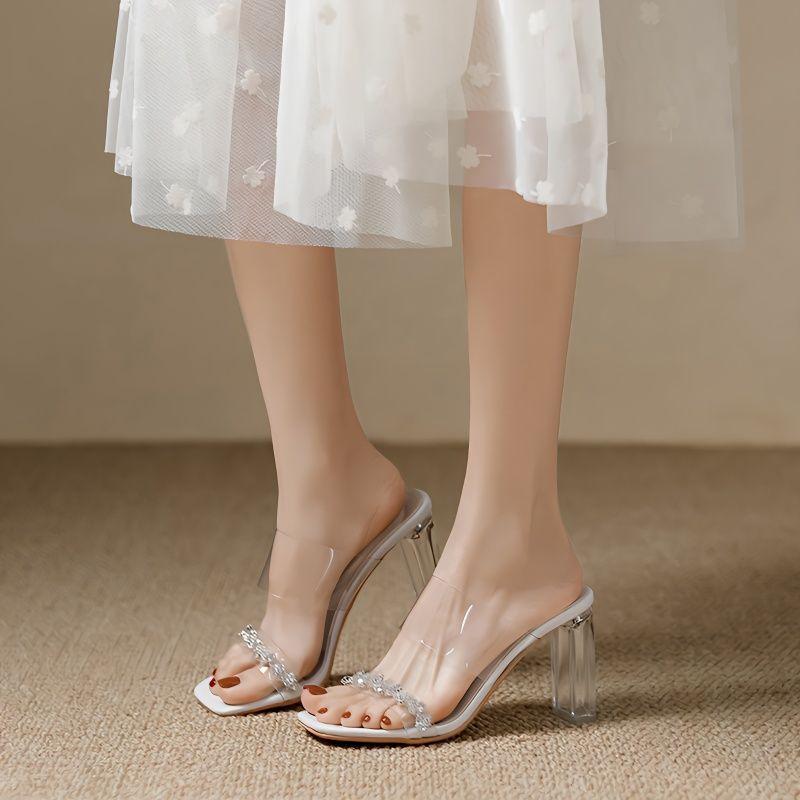 Французские стразы премиум прозрачные хрустальные каблуки женские сандалии-мюли на толстом каблуке туфли на высоком каблуке носить сандалии