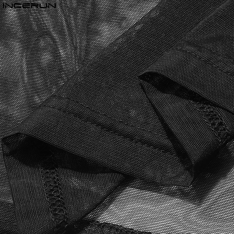 INCERUN Мужские прозрачные топы в сеточку с круглым вырезом и длинными рукавами