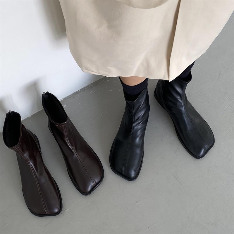 Woman Spring Botas Shoes Flat Heel Zipper Boots Women Ladies Ankle Leather Rubber 2024 Soild Fabric Square Toe Zapatillas Mujer
