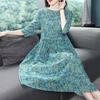 Lady Dress Flower Print Pleated A-line Big Hem Half Sleeves Round Neck Mid Waist Plus Size Mid-calf Length Dating Commuting Midi Dress