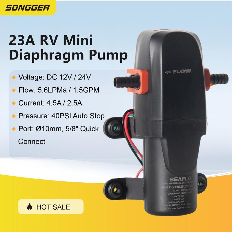 23A RV Mini Diaphragm Pump DC 12V 24V Self Priming Water Pump RV Fresh Water Pressure Pump On Demand