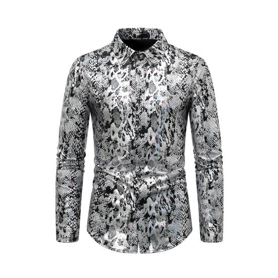 Мужская клубная рубашка с принтом под змеиную кожу, отложным воротником, облегающая рубашка на пуговицах с длинным рукавом, одежда для выступлений в ночном клубе