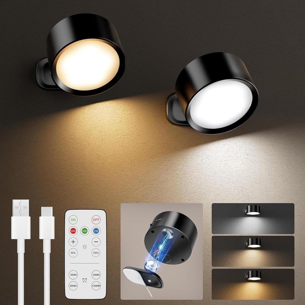 1pcs LED Wall Mounted Lights,Rechargeable Battery Operated Wall Sconce with Remote,3 Color Temperatures & Dimmable Magnetic 360° Rotation Cordless