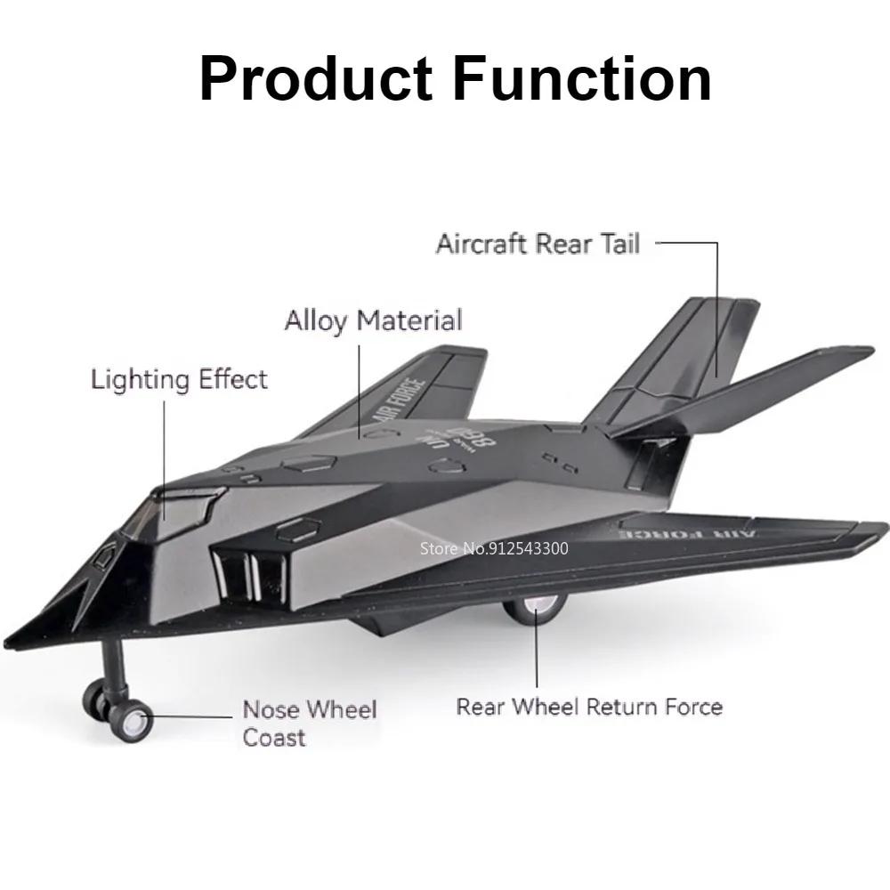 1:100 Scale F-117A Nighthawk Fighter Model Car Toy Alloy Body Rubber Tire Attack Aircraft Models Sound Light Military Toys Gifts
