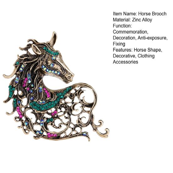 Retro Rhinestone Horse Brooch Pin Women Men Zinc Alloy Horse Head Lapel Pin Animal Sweater Dress Suit Clothing Accessories Jewelry Gift