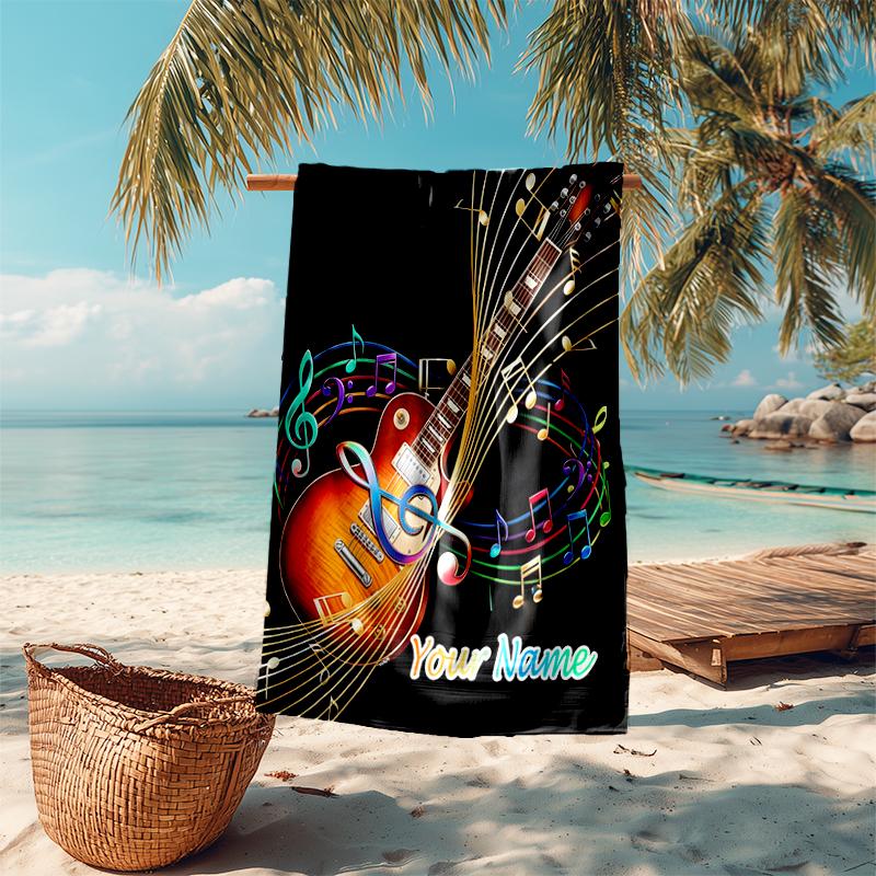 1PC Custom Name Music Notes Guitar Art Beach Towel Highly Absorbent And Sand-Resistant Towel for Swimming, Pool, Yoga, And Travel Lightweight