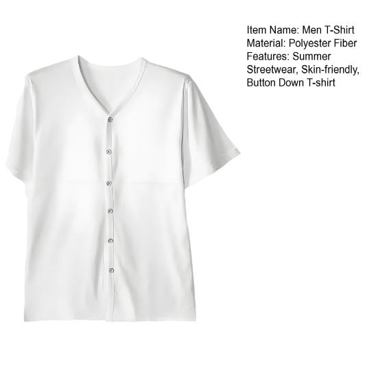 Men Button Down T-shirt Solid Color V-Neck Short Sleeve Tee Shirt Summer Casual
