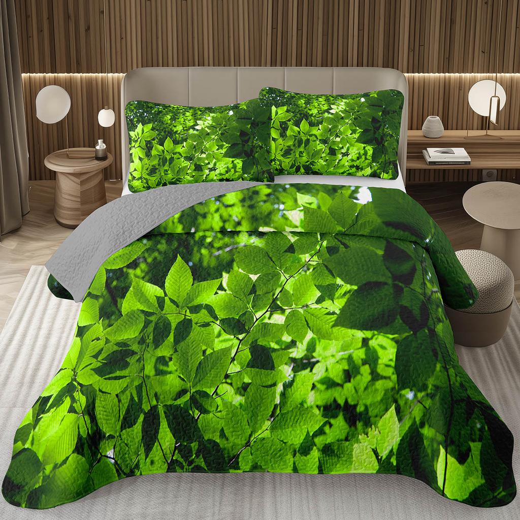 Green Leaves Bedspread Twin Queen Size Farmhouse Botanical Plant Coverlet Sets Spring Nature Leaf Quilt Set for Kids Teen Adults