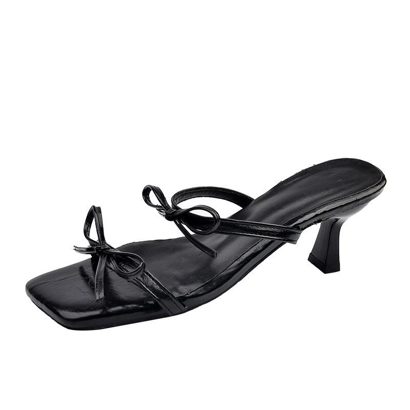 Square head bow temperament high heels 2025 summer new large size fairy style sexy outside wearing French cool slippers