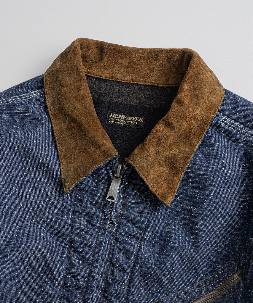 BEHEAVYER Washed Leather Collar Sports Jacket Denim Washed