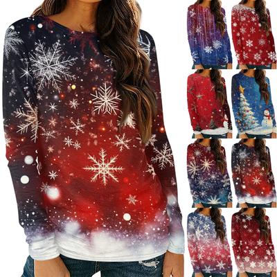 Женская мода круглый вырез пуловер с глубокими рукавами футболка с рождественским принтом топ