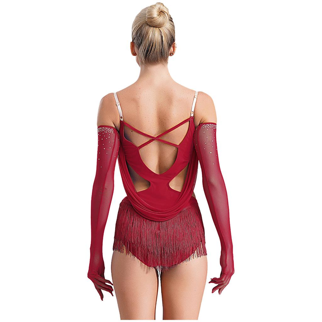 Womens Sparkling Tassel Dancewear Mesh Draped Leotard Rhinestone Fringed Bodysuit Adjustable Strap Gymnastics Outfit