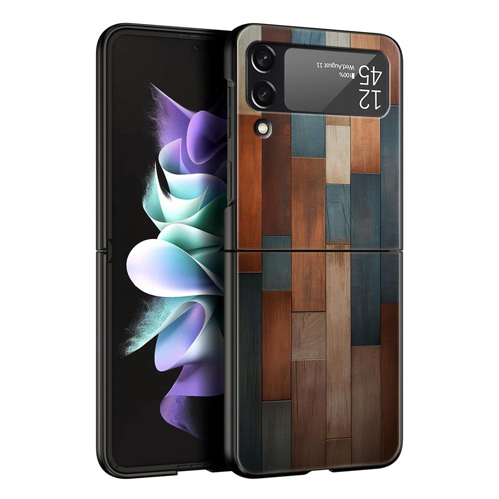 Luxury Vintage Wood Grain Pattern Hard PC Phone Case For Samsung Galaxy Z Flip 7 6 5 4 Black Cover For Galaxy Z Flip 3 Foldable