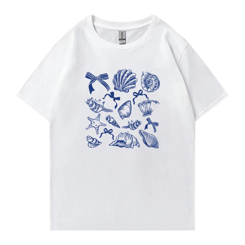 Популярная женская футболка оверсайз с рисунком морского животного — раковины и банта, унисекс, хлопковая, для мужчин и женщин, повседневная, с коротким рукавом, летняя.