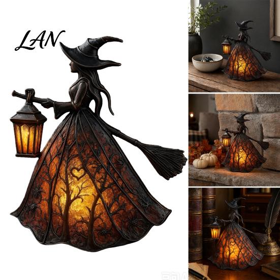 Halloween Witch Light Lamp Decoration, Gothic Holding Lantern Light, Tabletop Spooky Night for Holiday Party Decor