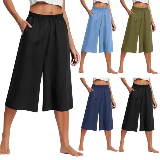 Женские укороченные брюки Эластичная высокая талия Прямые широкие брюки Повседневные брюки с карманами Однотонные