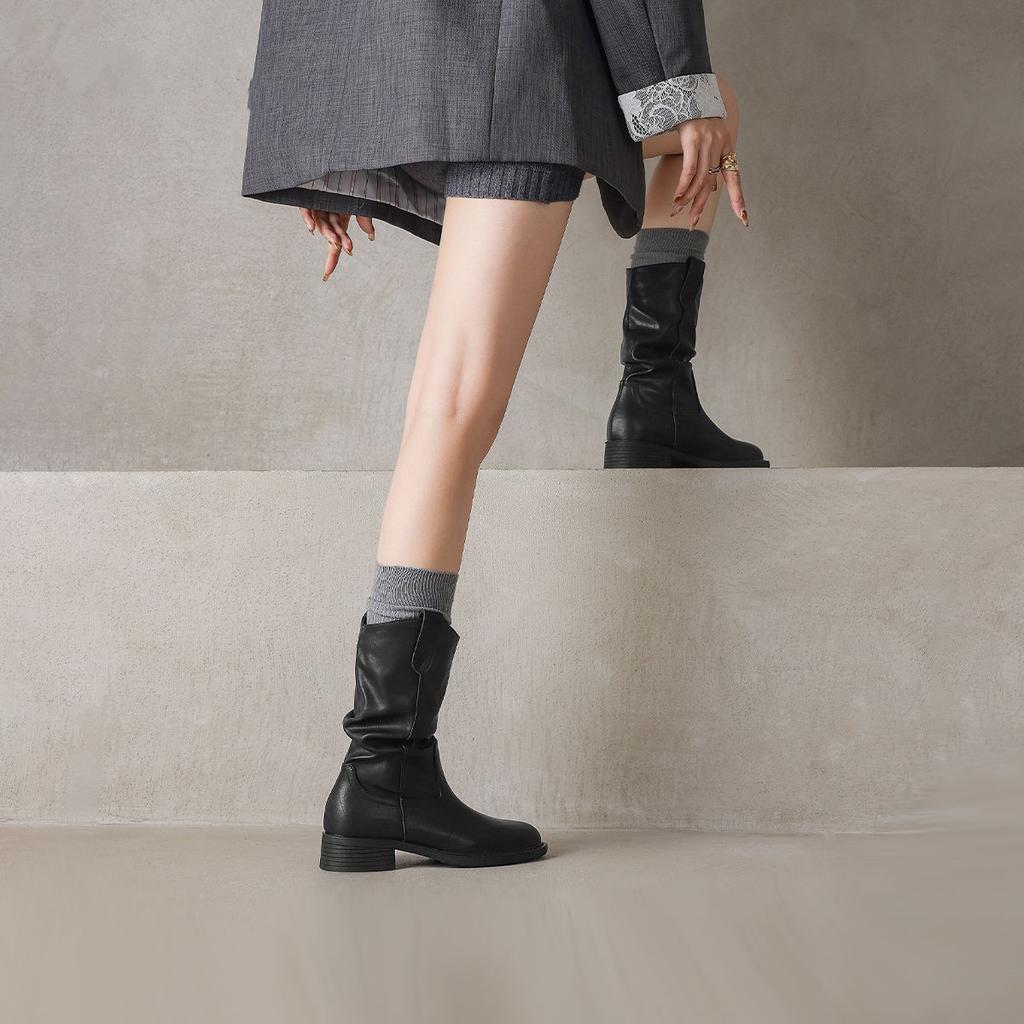 Ботинки женские новые популярные с юбкой осень коричневые Маillard stack boots western mid boots Martin boots