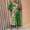 Women S Casual Elegant Printed V Neck Waist Tie Long Sleeve Maxi Dress