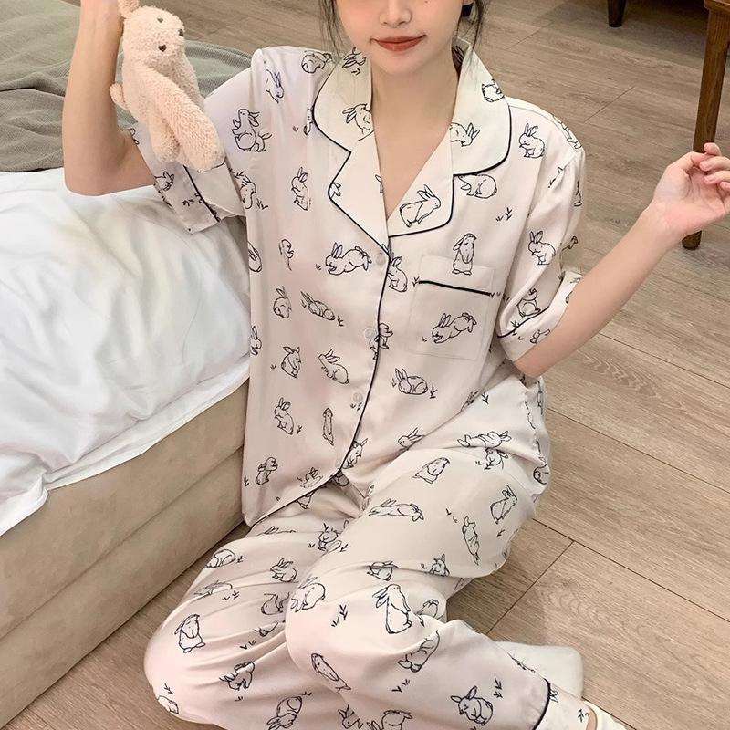 Ladies Simple Cartoon Pajamas Loungewear Set Spring Summer Ice Silk Short Sleeve Pants Casual Pajamas Loungewear Ladies