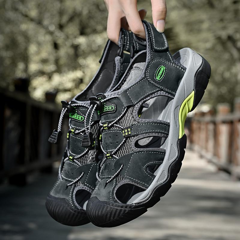 Кожаные мужские пляжные сандалии для воды, летние уличные повседневные спортивные сандалии с закрытым носком, нескользящие мягкие походные забродные кроссовки