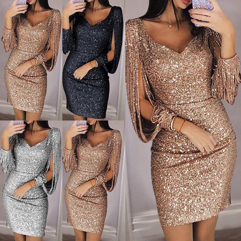Элегантное женское мини-платье с пайетками и сексуальным V-образным вырезом для стильных коктейльных вечеринок и повседневной носки