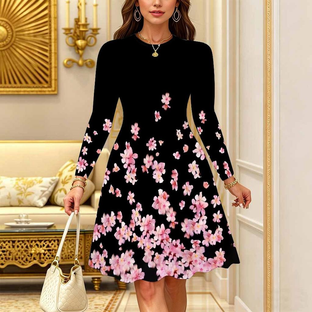 Women Long Sleeve Round Neck Midi Dress Boho Abstract Mandala Dot Floral Print Flared Casual Dress