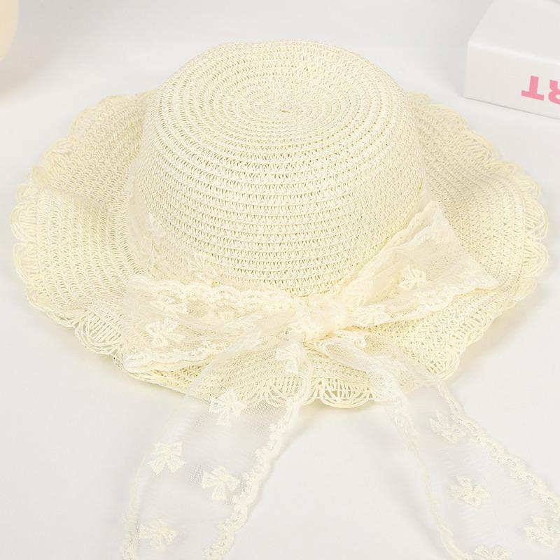 Сладкая соломенная шляпа с кружевным бантом, уличная шляпа от солнца с большими полями, модная соломенная шляпа с кружевной лентой и защитой от УФ-лучей