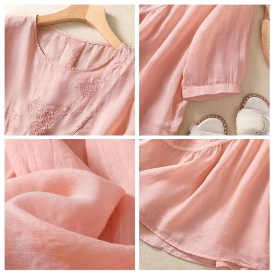 Женская повседневная рубашка с рукавом три четверти, асимметричный подол, вышитый цветочный узор, круглый вырез, однотонный топ