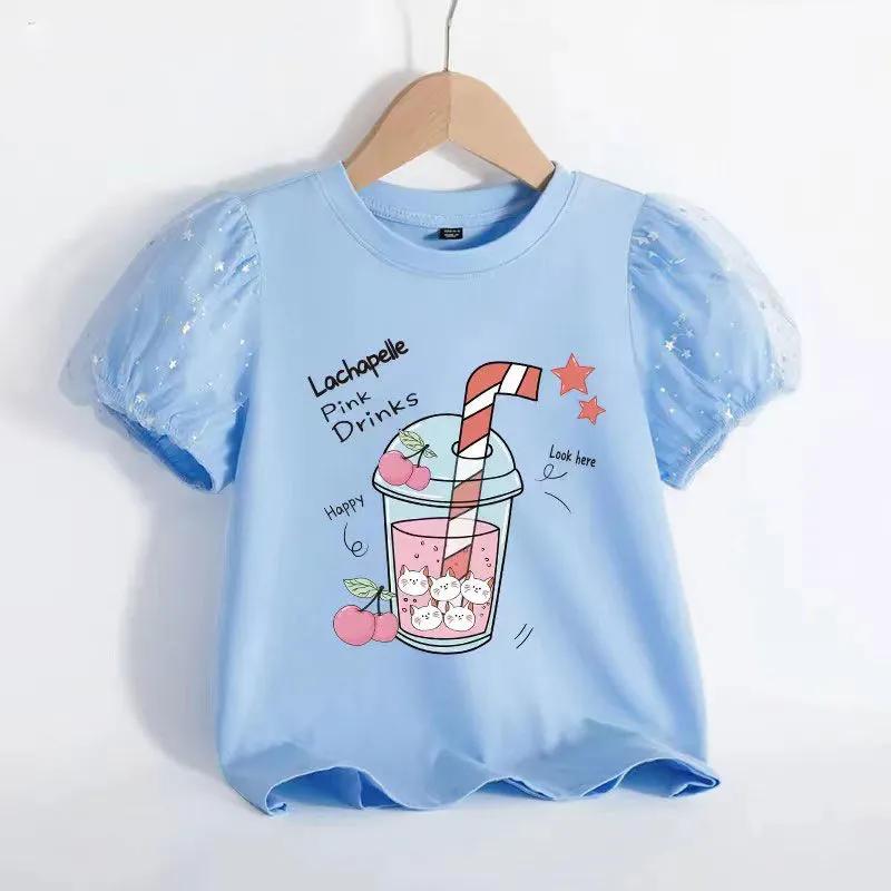 Футболка для девочек с короткими рукавами, летняя детская с пышными рукавами, летняя принцесса, розовая с коротким рукавом