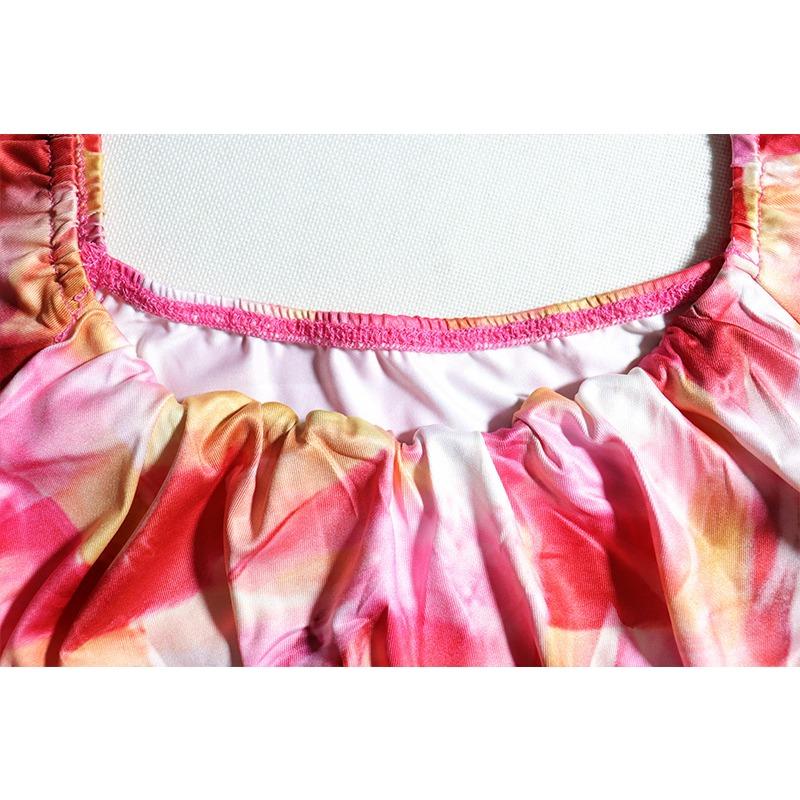 Summer Women's Sexy U Neck Wrap Printed Lantern Sleeve Neckless Pullover Stretchy Loose Top