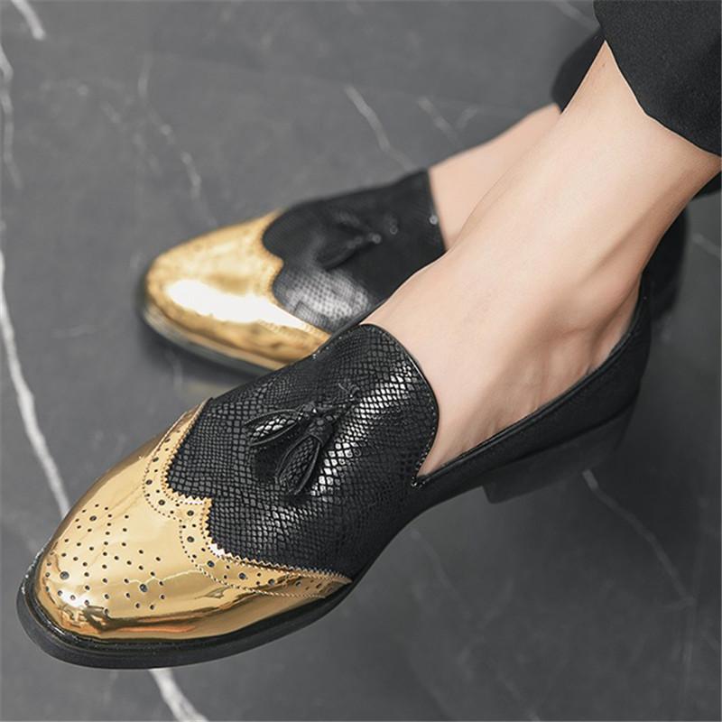 Fashion Luxury Designer Gentleman Tassels Pointed Oxford Leather Shoes Men Black Gold Mix Formal Wedding Prom Dress Homecoming Footwear