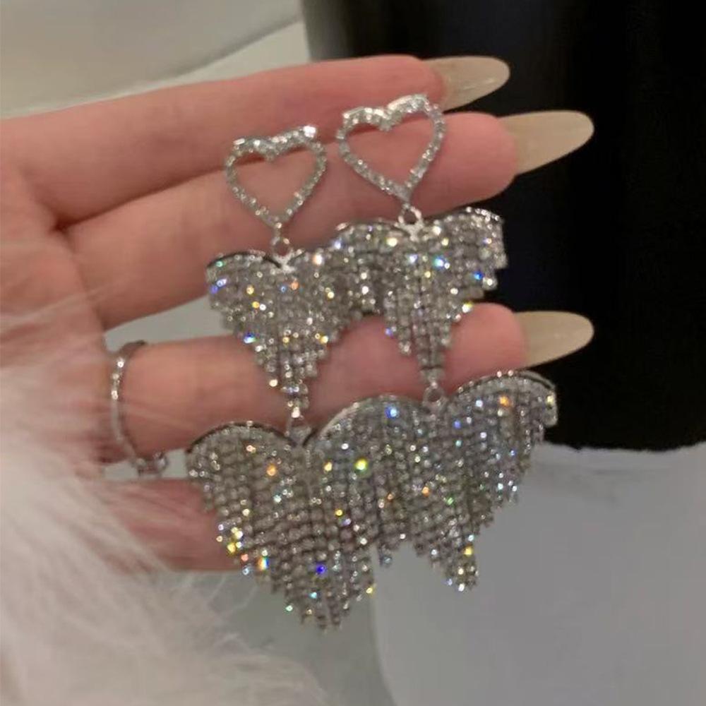 Premium‑Sense Full‑Diamond Love Fringed Earrings, Flash‑Diamond Exaggerated Heart Earrings, Trendy Versatile Party Women Earrings