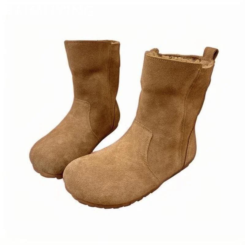 Замшевые женские зимние ботильоны на плоской подошве с мехом, повседневная обувь для женщин 2025 года, теплые и удобные кроссовки для ходьбы, мотоциклетные ботинки для женщин