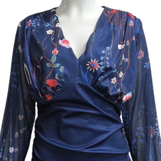 Женская кружевная лоскутная блузка с длинным рукавом, элегантная глубокая V-образная шея, облегающий пуловер, топ, офисная женская блузка с вышивкой и цветочным принтом