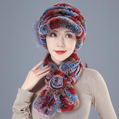 Кепка-ушанка из меха кролика рекс, шарф, костюм-двойка, старик, старуха, женщина, осень, зима, мать, бабушка