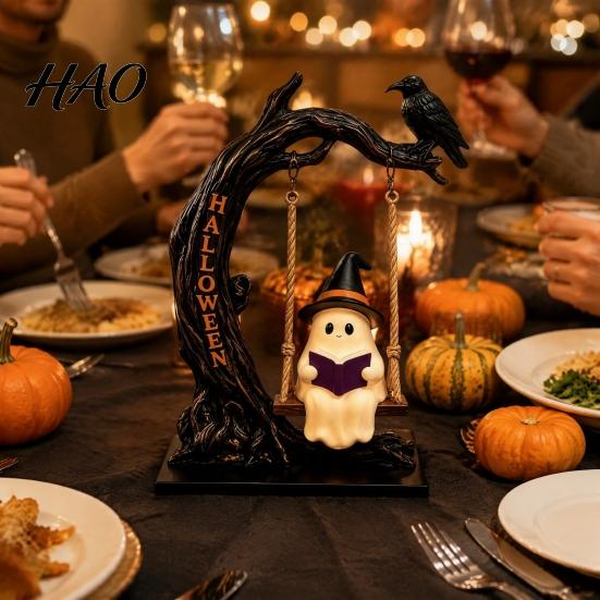 Halloween Home Decor Gifts Swinging Ghost on Tree Figurine, Resin Swing Statue, Spooky Porch Accessories Reading Ornament, Indoor Outdoor Tabletop
