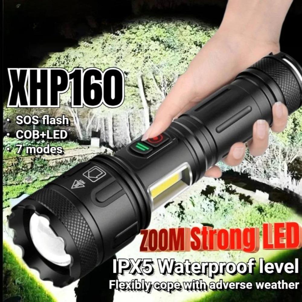 XHP160+COB Strong Light Torch Outdoor TYPE-C USB Rechargeable Flashlight Aluminum Alloy IPX5 Waterproof LED Lamp With Side Light