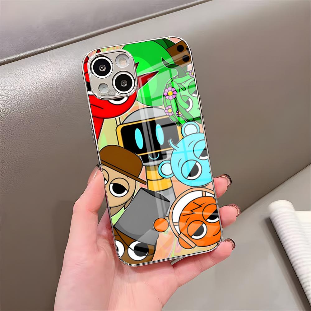 Мультяшный Игровой Чехол Sprunki для Телефона iPhone 17 Pro Max 15 Pro 16 14 Plus 12 13 Mini 11 Pro Ударопрочный Гальванизированный Стеклянный Чехол