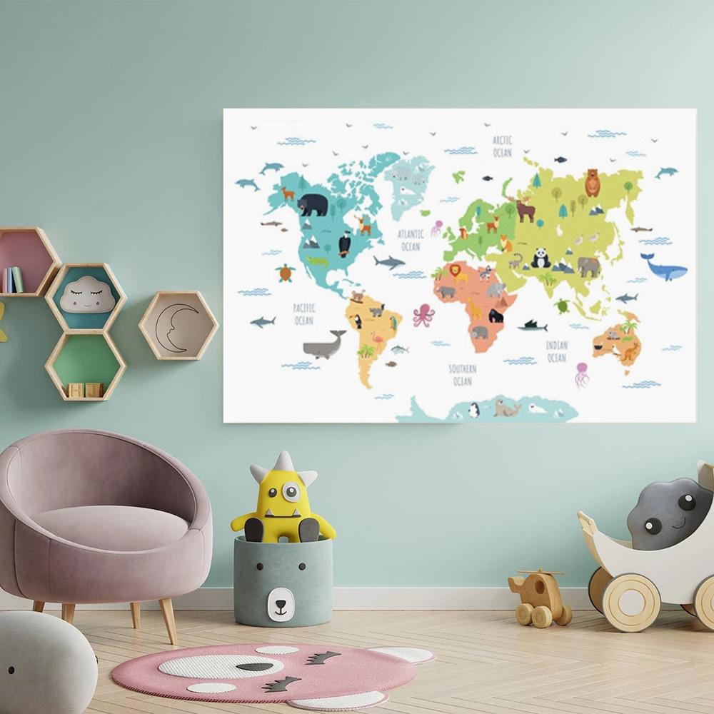 Скандинавские детские постеры и принты, карта мира с животными, холст, живопись, акварель, мультяшная настенная художественная картина для детской спальни, декор