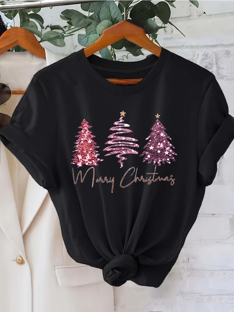 Christmas themed printed Short Sleeve TShirt with Three Christmas Fashion Print WoUnisexs Top Casual Wear summer fashion Clothing