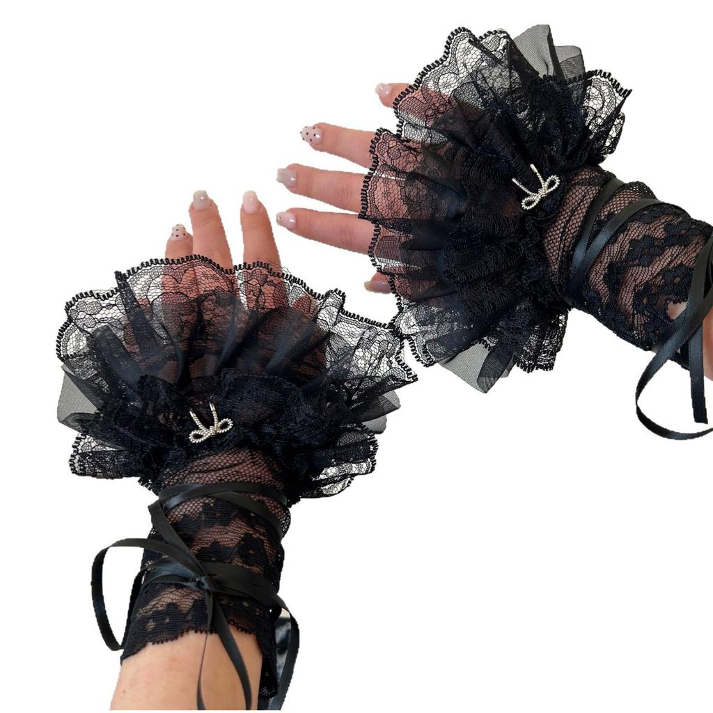 Lolita Ribbon Wrist Cuffs Detachable Wristband Elegant Pleated Lace Brim False Wristband for Balletcore Accessories