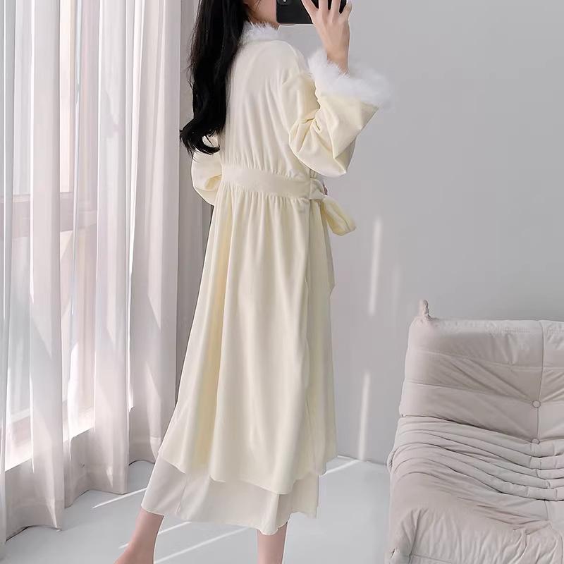 Island velvet pajamas women's autumn and winter long suspender pajamas two-piece set spring and autumn sexy beauty back with chest pad long dress robe