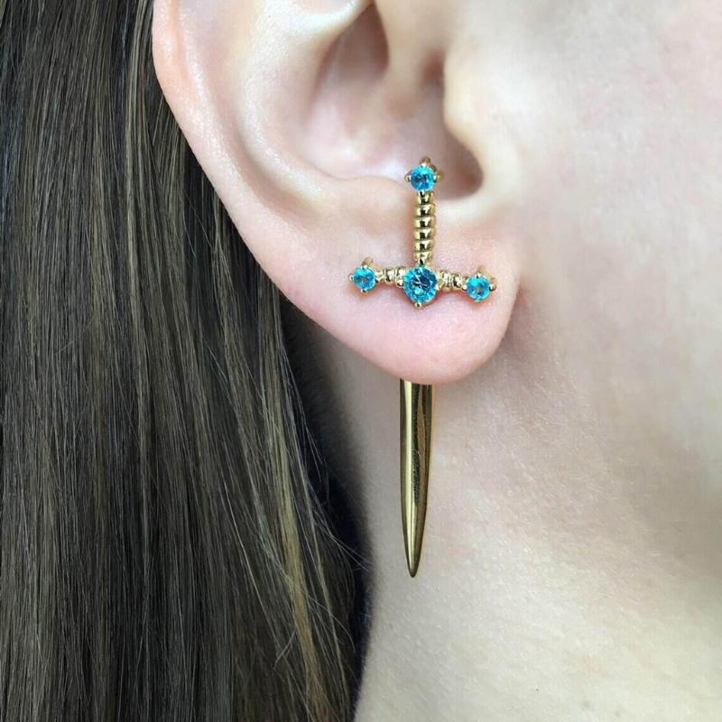 Novel Punk Multicolor Crystal Dagger- Earrings Metal Sword- Handle Studs Earrings for Women Girls Halloween Jewelry Gift